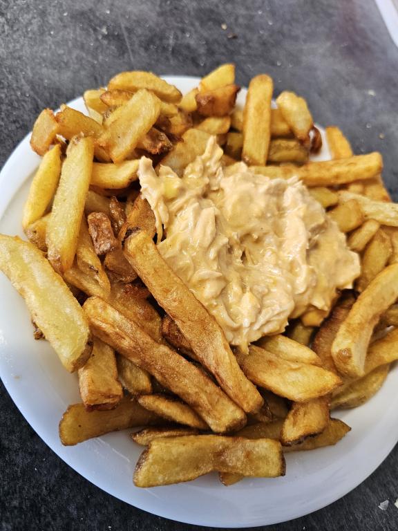 Pulled chicken and cheese frites sauce cheddar livrer a domicile